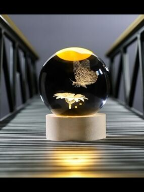 LED Crystal Globe Lantern with Butterfly and Flower Accent - Amber & Clear